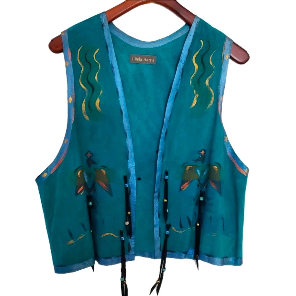 Linda Harris Artist Hand Painted Leather Vest Native American Boho Thunderbird